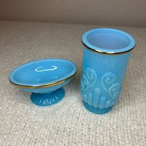 Vintage Avon Bristol Blue Opalescent Glass Vanity Set